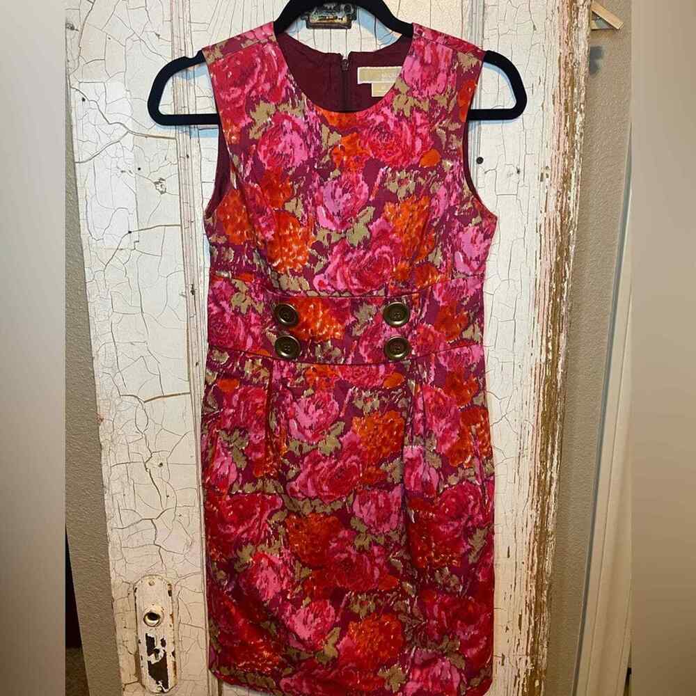 Michael Kors Womens Size 2 Pink Floral Sleeveless Sheath Dress Midi Button Zip